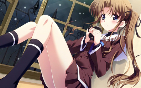 Hayama Mizuki - hayama mizuki, skirt, girl, ribbons, twintails, blue eyes, long hair, night, seifuku, brown hair, window, anime, blush, cute