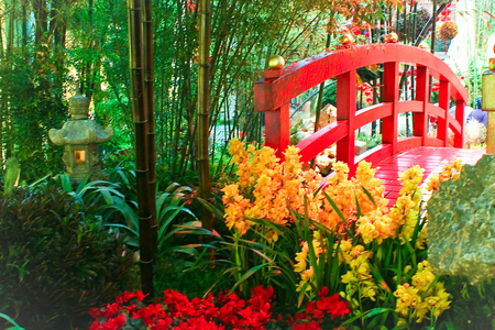 Oriental Bridge - new year, oriental landscape, red bridge, garden