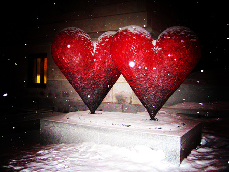 2 Hearts - snow, red hearts, love, statue