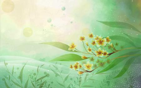 Softly Yellow - circles, green leaves, yellow flowers, garden