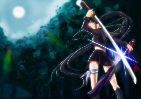 The Moon Sword - moon, sexy, hot, female, girl, night, anime girl, blade, katana, ninja, anime, sword, cute