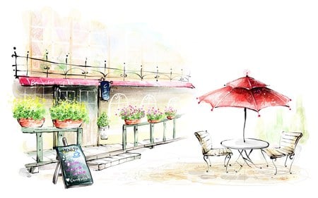 A Spot For Romance - umbrella, sidewalk, painting, cafe, romance, art