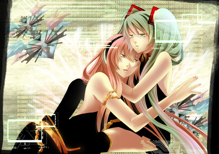 Miku & Luka - hatsune miku, girls, sexy, twintails, blue eyes, pink hair, long hair, blue hair, vocaloid, megurine luka, anime, cute