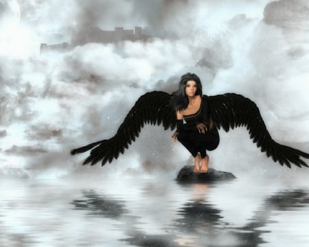 Between Three Worlds - wings, black, angel, clouds