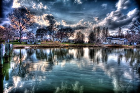 Near the lake - clouds, house, trees, nature, forest, home, sky