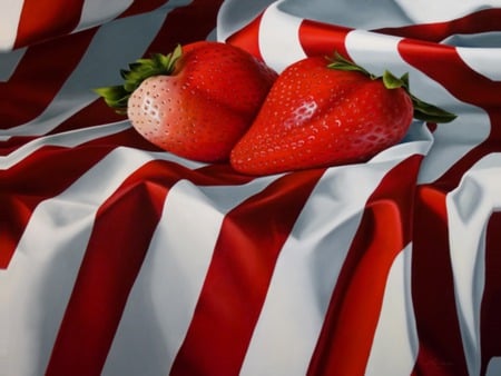 Strawberry Interlude - paint, strawberry, white, red, painting, fruit, stripes