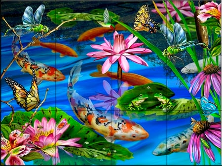 wall tiles  - flowers, pond, koi, fish, wall, tiles