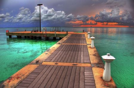 dock at sunset - sky, ocean, clouds, dock, blue, green, sunset