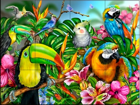 wall tile of tropical birds - birds, tropical, tiles, wall