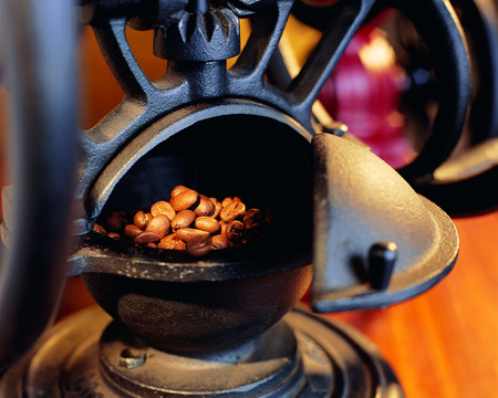 Coffee Beans in the Grinder - morning, coffee, drink, fresh, beans, saucer, black, ground, cup, grinder, coffee bean grinder, brewed