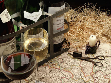 Wine - white, medoc, candle, glass, red, corkscrew, bottle, wine