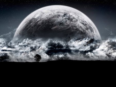 Bad Moon Rising - space, moon, fantasy, moon rising, sci fi, landscape, black and white