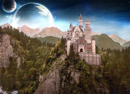 Castle - moon, scene, castle, river