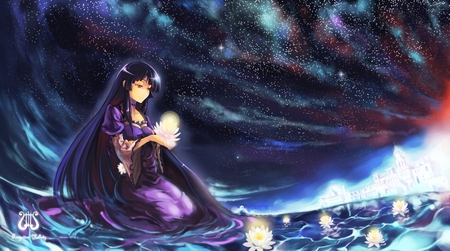 Sea Maiden - star, anime, female, night, light, sky, castle, lotus, anime girl, water, hot, girl, palace, sea, water lily, ocean, flower, cute, sexy, building