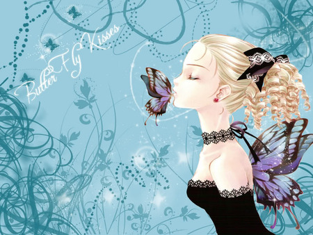 Butterfly kisses - flowers, blue, wings, girl, kiss, cuteblack