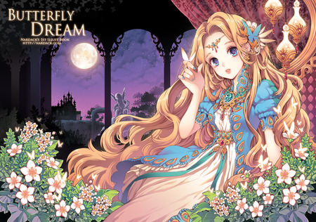 Butterfly Dream - flower, cute, wing, anime, anime girl, girl, night, palace, butterfly, moon, female, castle, angel