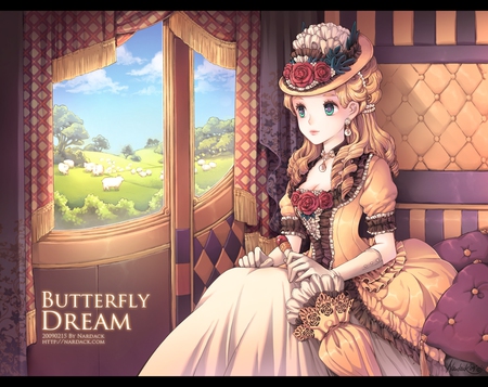 Butterfly Dream - anime, anime girl, female, girl, tree, umbrella, animal, sheep, cute, field