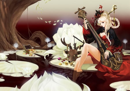 Lotus Maiden - anime, female, jewelery, guitar, animal, lotus, anime girl, water, hot, pond, girl, water lily, gold, jewel, flower, tree, deer, cute, sexy, reindeer