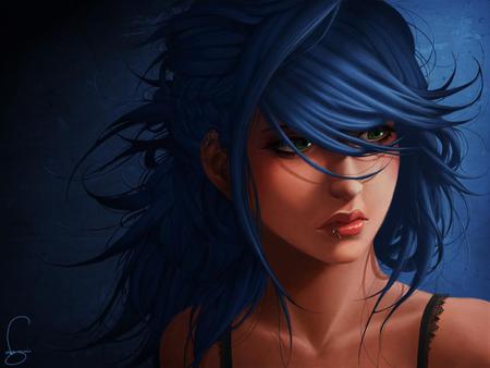 Sad face - black, anime, blue, woman, girl, eyes, art, dark