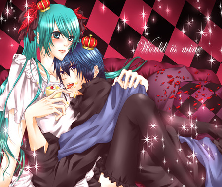 Miku & Kaito - world is mine, anime, vocaloid, cherry, girl, hatsune miku, long hair, short hair, boy, kaito, blue hair, cute, sexy, ribbons, blue eyes