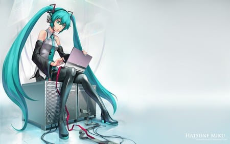 Hatsune Miku - anime, vocaloid, twintails, girl, hatsune miku, laptop, long hair, blue hair, cute, sexy, blue eyes