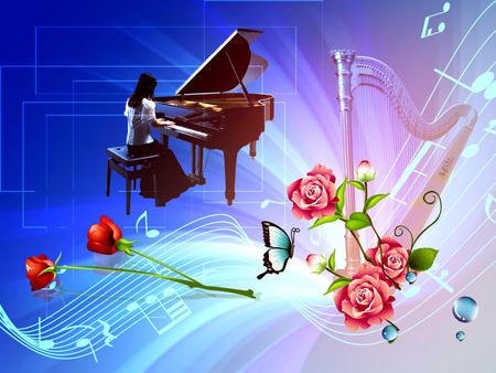 Roses - piano, abstract, roses, harp