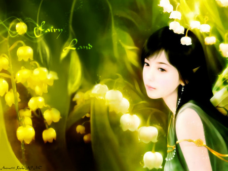 Fairy Land - sexy, hot, female, girl, light, anime girl, yellow, anime, green, oriental, chinese, cute, flower