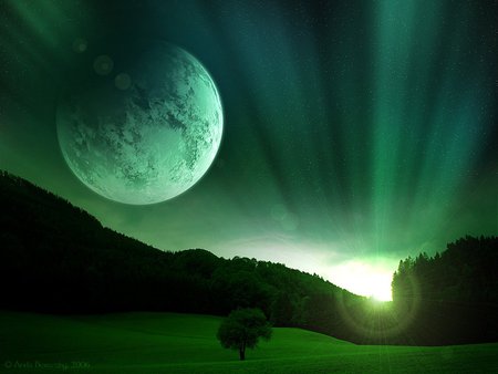 Three elements - moon, night, green, sunshine