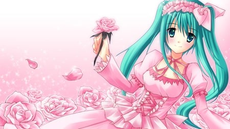 dress hatsune miku pink rose vocaloid - vocaloid, miku, dress, rose, hatsune, pink