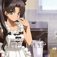 apron blue eyes brown hair fate stay night flower food long hair ribbons tohsaka rin twintails