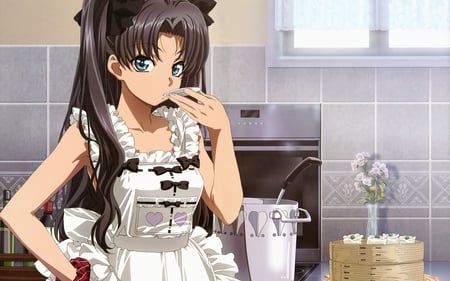 apron blue eyes brown hair fate stay night flower food long hair ribbons tohsaka rin twintails - tohsaka, ribbons, twintails, hair, eyes, night, apron, fate, brown, rin, blue, stay, food, flower, long