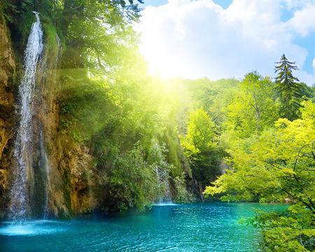 amazing waterfall - trees, lage rock face, sunny day