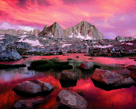 Seeing red - beautiful, snow, mountian, reflection, nature, red, lake, sky, rocks