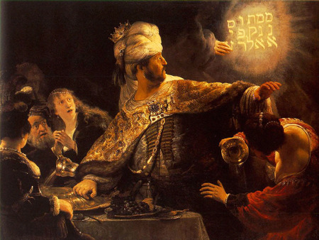 The Feast of Belshazzar - art, 1635, fiery, classic, warning, king, rembrandt, writing