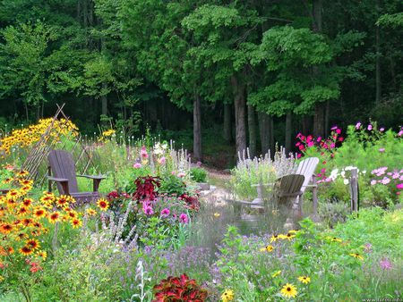 Relax in the garden - chair, trees, flowers, garden, relax