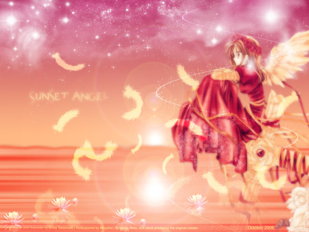 Sunset Angel - sky, female, angel, hot, sun, sunset, anime girl, cross, yellow, anime, feather, orange, cute, sexy, girl, space, gold, star, lotus, red, water lily, wing, flower