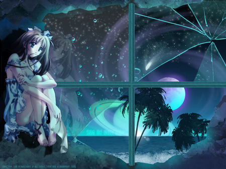 Sea of Yearnings - moon, ocean, sexy, hot, girl, female, night, water, anime girl, fantasy, anime, tree, sea, planet, cute