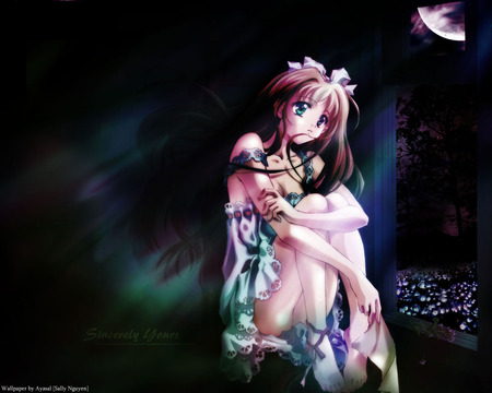 Sincerely Yours - moon, anime, anime girl, female, hot, girl, night, dark, black, cute, sexy