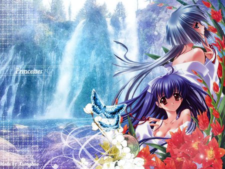 Princesses  - flower, cute, water, waterfall, hot, anime, anime girl, girl, butterfly, sexy, female