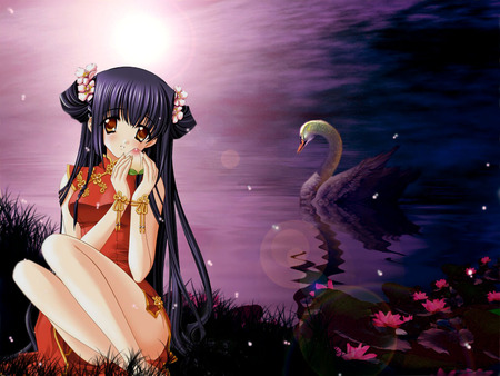 Lotus - swam, flower, cute, hot, anime girl, girl, lotus, oriental, chinese, fruit, peach, light, animal, water, anime, night, water lily, sexy, moon, female