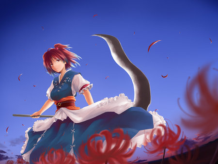 In the Fields of Spider Lilies - touhou, sky, scythe, onozuka komachi, spider lily, anime