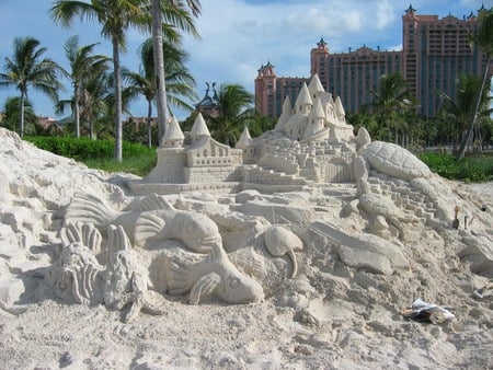 Ssand castle and animals - turtles, palm trees, fish, sand, castle, atlantis