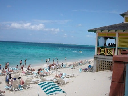 Sea, sun, sand - water, people, beach, cabana, sand, sky