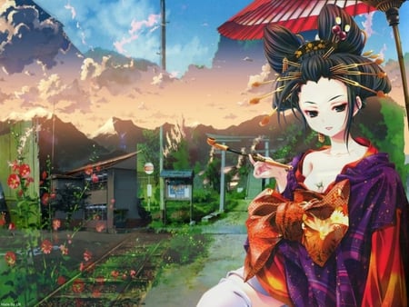 Rural Geisha - sky, female, hot, japanese, anime girl, cloud, japan, cool, anime, plant, kimono, house, cute, hill, sexy, building, scenic, mountain, girl, landscape, lovely, scenery, flower