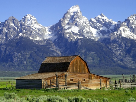 Barn - landscape, snow, grass, green fields, barn, seasons, mountians, cottage, sky, sun, blu sky, colors, architecture, nature, green, places, mountains