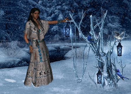 Warmth For The Birds - woman, indian, girl, female, compassion, winter, fantasy, birds