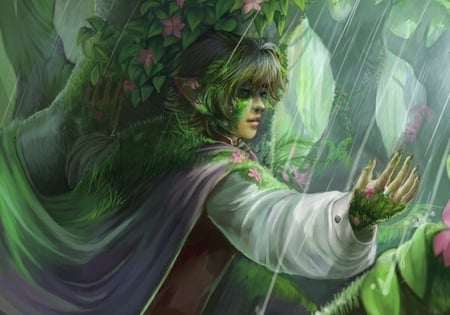 The Emerald Forest - elf, fantasy, female, woman, rain, girl, emerald green, forest