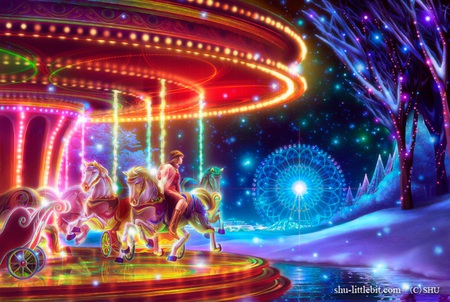 The Fun Fair - anime, female, night, light, animal, amusement parks, ferris wheel, abstract, anime girl, hot, girl, horse, fantasy, cute, 3d, sexy, park