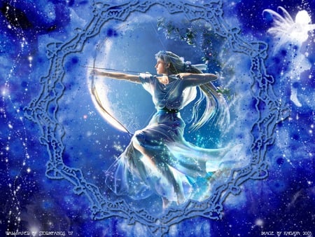 Inner Beauty - female, hot, anime girl, fantasy, archer, anime, cute, arrow, sexy, girl, space, star, abstract, bow, wing, 3d, blue, fairy