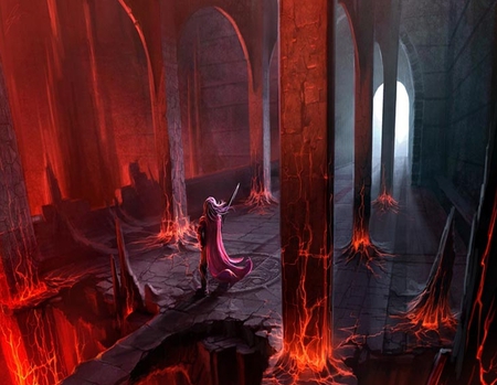 The Underworld - red, fantasy, fiery, dark, castle, battle